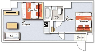 デラックスルーム　ダブルベッド1台クイーンベッド1台＆キッチン付　禁煙　清掃料金別　連泊時の清掃なし