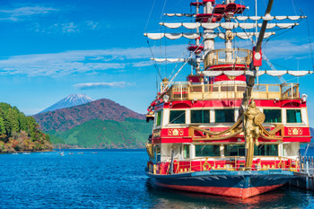 (Kanagawa) A pleasure boat (pirate ship) anchored at Hakone-machi Port, with Mount Fuji in the background