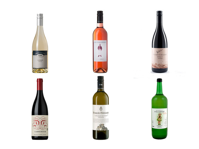 イベントで味わえるオーストリアワインの一部。グラス3種類、ナッツ＆ドライフルーツがセットになっています