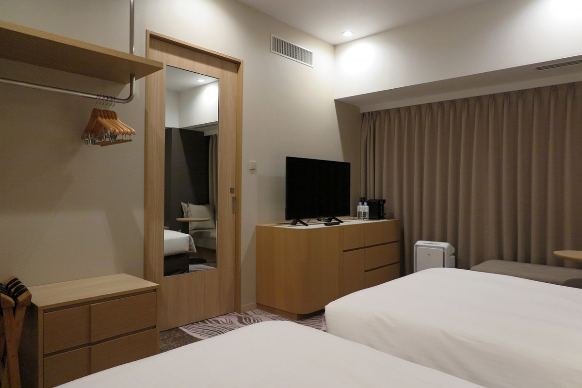 客室中央にバスルームの扉、珍しい造りです