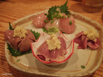 「ぐんぼう」料理 911814 軍鶏の刺身４種盛（ささみ・砂肝・はつ・レバー）(2015.9)