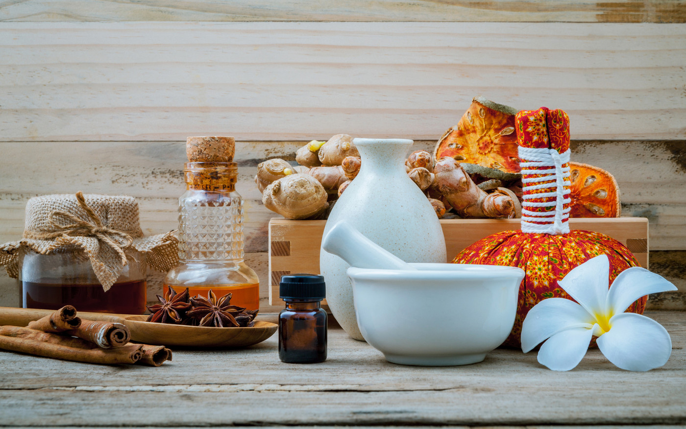 Natural Spa ingredients and bottle of herbal .