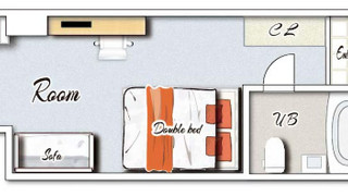 スタンダードルーム　ダブルベッド1台　禁煙　清掃料金別　連泊時の清掃なし