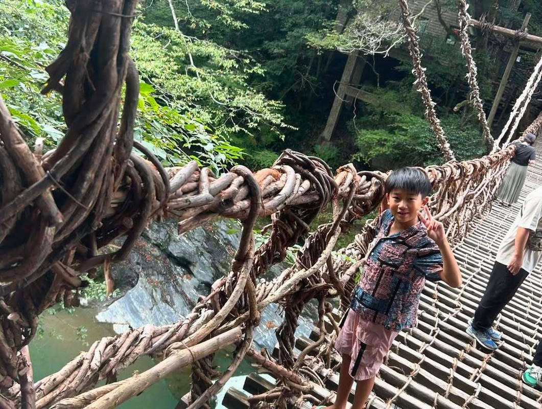 エメラルドグリーンの美しい祖谷川に架かる「祖谷のかずら橋」。植物を編んで作られた吊り橋で、国の重要有形民俗文化財に指定されている。水面から約14mもの高さがあり、スリル満点！ / 1