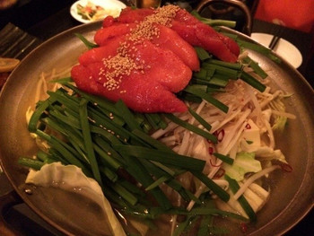 「九州珠」 料理 23903905 なんとも豪快なもつ鍋！明太子がとけ込んだスープがなんとも美味です( ´ ▽ ` )ﾉ