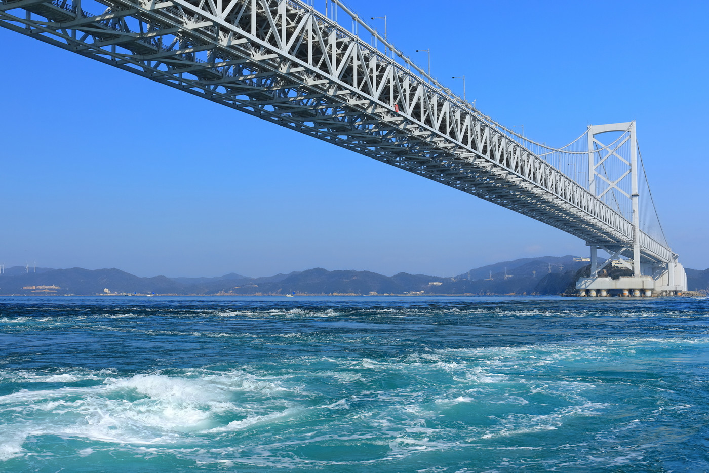 快晴下の大鳴門橋と渦潮
