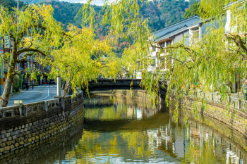 The townscape of Kinosaki seen from the Kinosaki onsen Momoshima Bridge