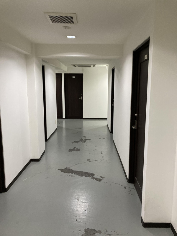 部屋の前の廊下。塗装が剥げていて汚い