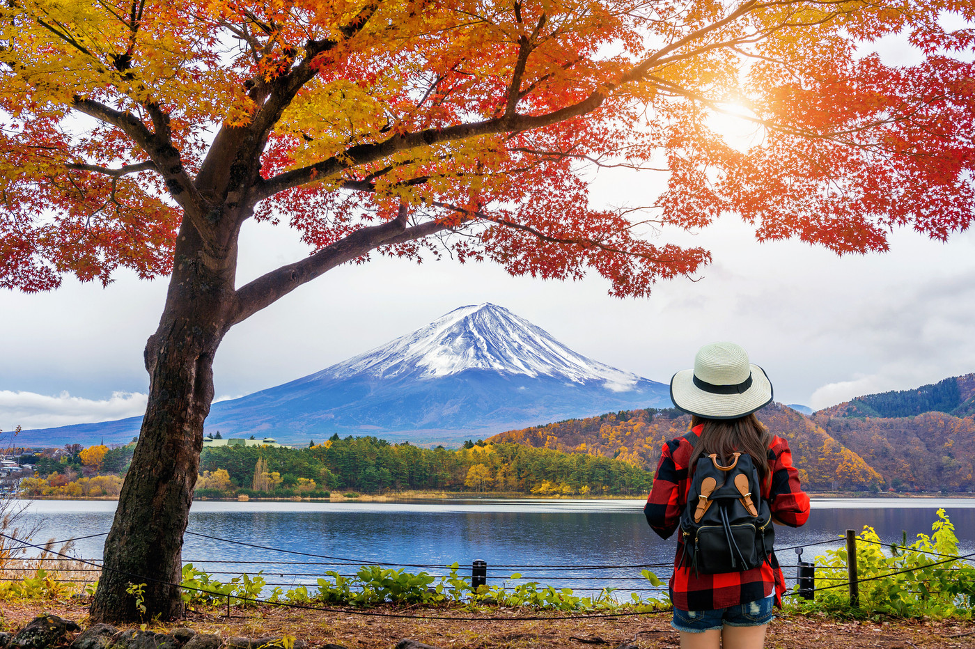 Woman traveler with backpack looking to Fuji