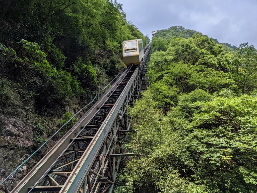 川沿いの露天風呂に行く専用ケーブルカー