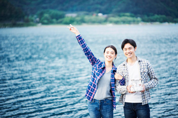 Couple taking a selfie with a drone