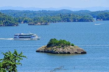 View of Hotei Island and sightseeing boats from the promenade in Matsushima Bay, Matsushima Town Miyagi