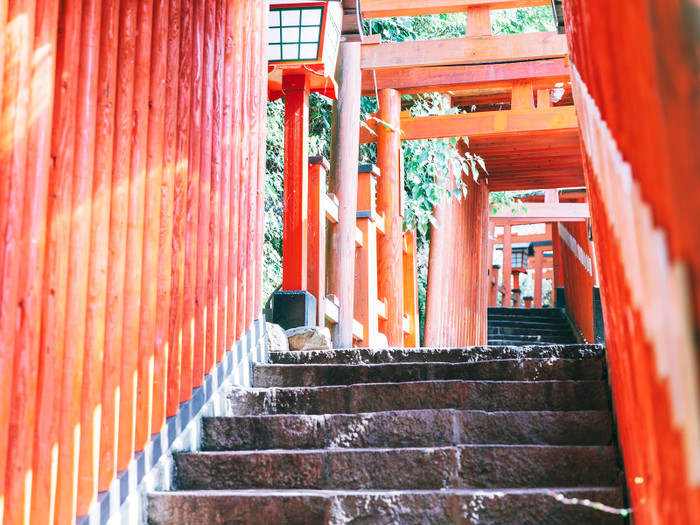 見上げれば、どこまでも続く朱色の世界。そばを流れる川のせせらぎをBGMに石段を上ります