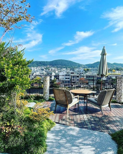 ホテル屋上にある「スカイ フォレスト ガーデン」。鴨川や市街、清水寺の三重塔がみえて眺望抜群 / 1