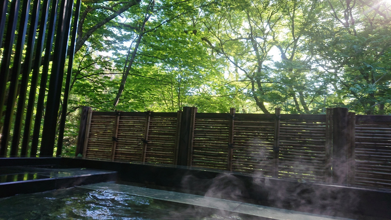 お部屋にもお風呂が付いていますが、露天風呂と内湯もあるよ。