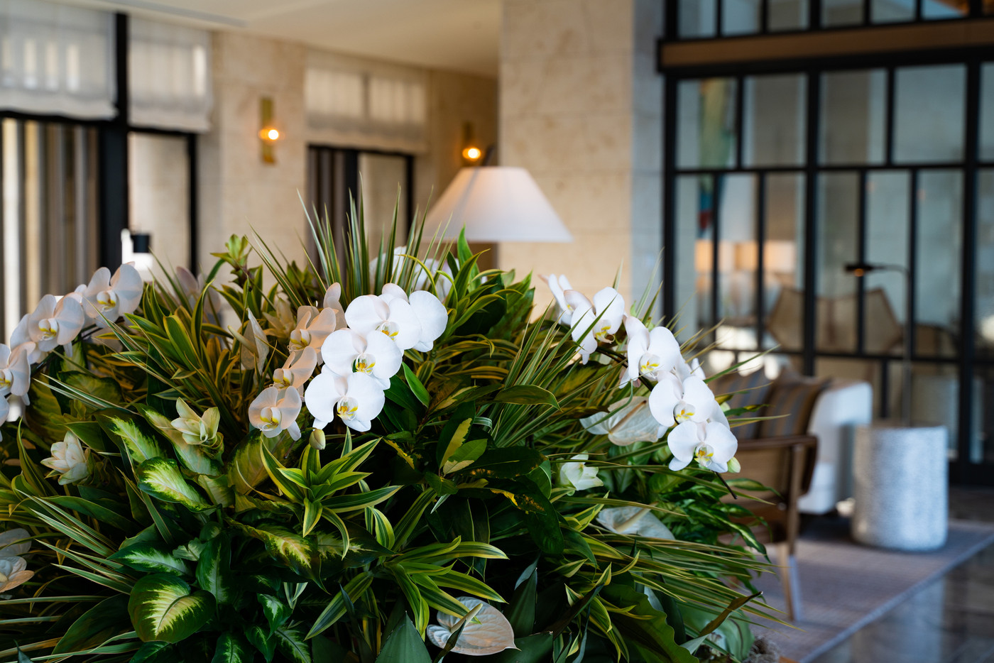 リゾートホテルのエントランスで華やかにお迎えする緑豊かな花