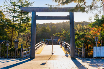 Ise Jingu Inner Shrine Uji Bridge Torii illuminated by the morning sun