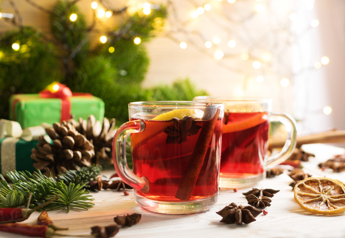 Winter red drink with spices on festive new year