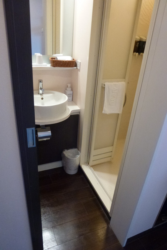 洗面台、トイレ、シャワーブースへの入口。