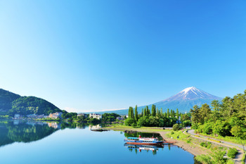 Mt. Fuji from the shores of Lake Kawaguchi under the blue sky of early summer