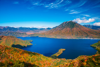Autumn Nikko - View from Mt. Hangetsu Observation Deck - Lake Chuzenji, Mt. Nantai and Hatchodejima [Tochigi]