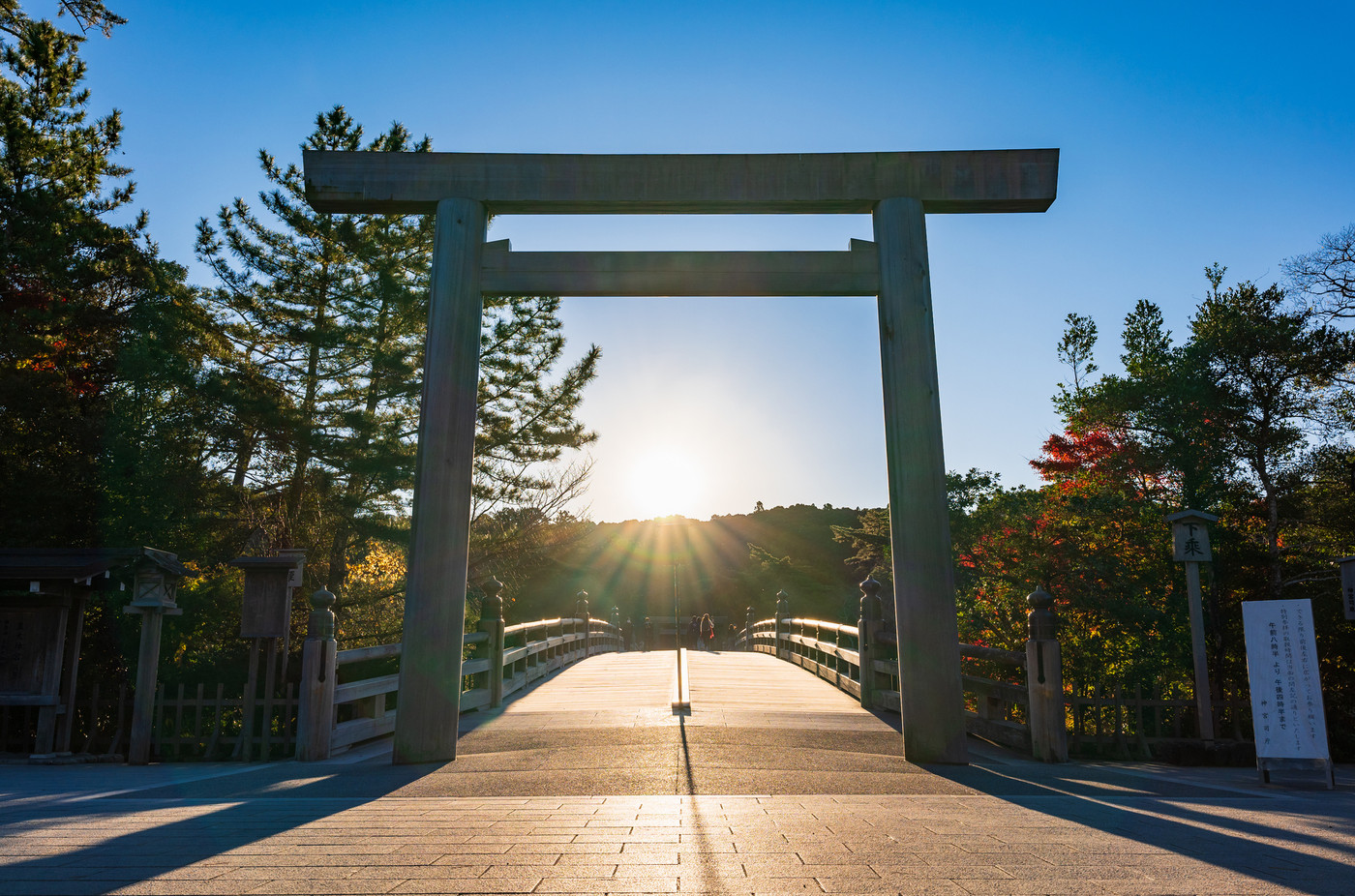 伊勢神宮　内宮　宇治橋鳥居から昇る朝日