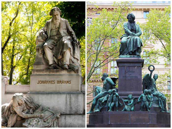 「ウィーン楽友協会」が見える家に住んでいたというブラームスの像（左）。ベートーヴェン像（右）もすぐ近くに