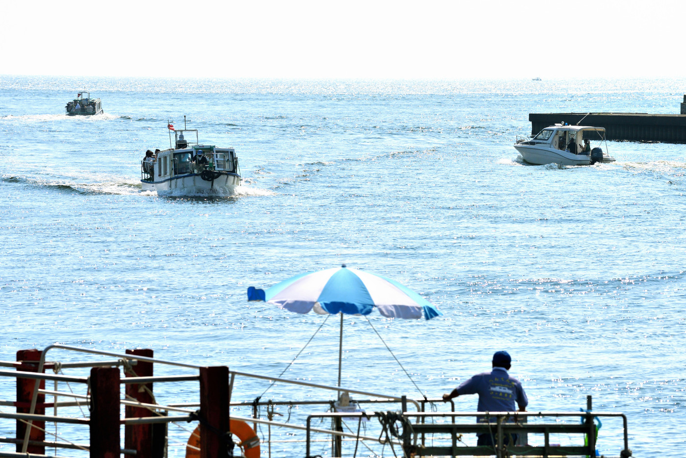 片瀬海岸河口の遊覧船乗り場を出入りする船舶