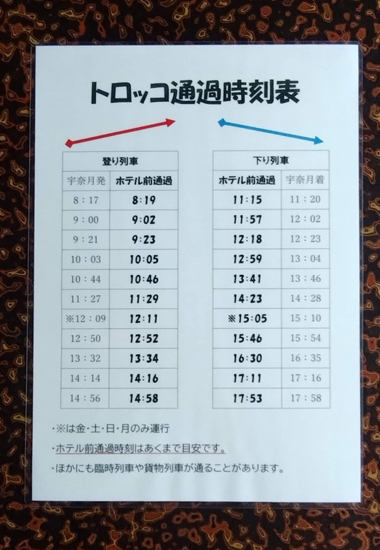 トロッコ電車通過予定時刻