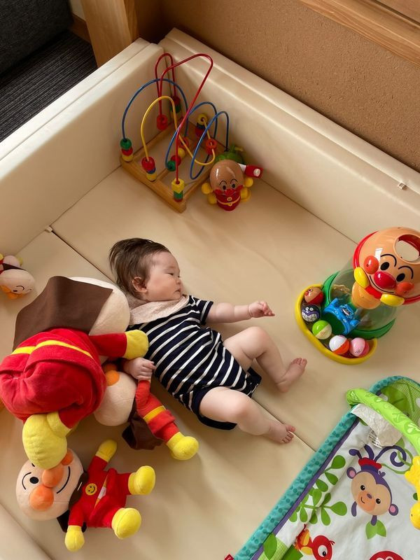 客室「陽」のおもちゃ一例。この他、食器、ミルトン一式、ベビーソープ、ベビーバス、お昼寝布団、バンボ、お尻拭き、オムツ用ゴミ箱などのベビーグッズが用意されている / 2