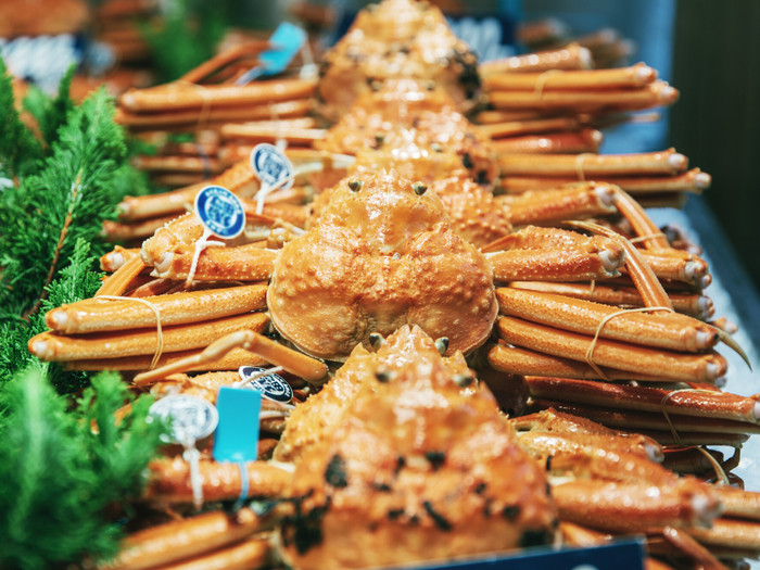 「島田水産」には、厳選されたかにがずらり。もちろん水色のタグの加能ガニも