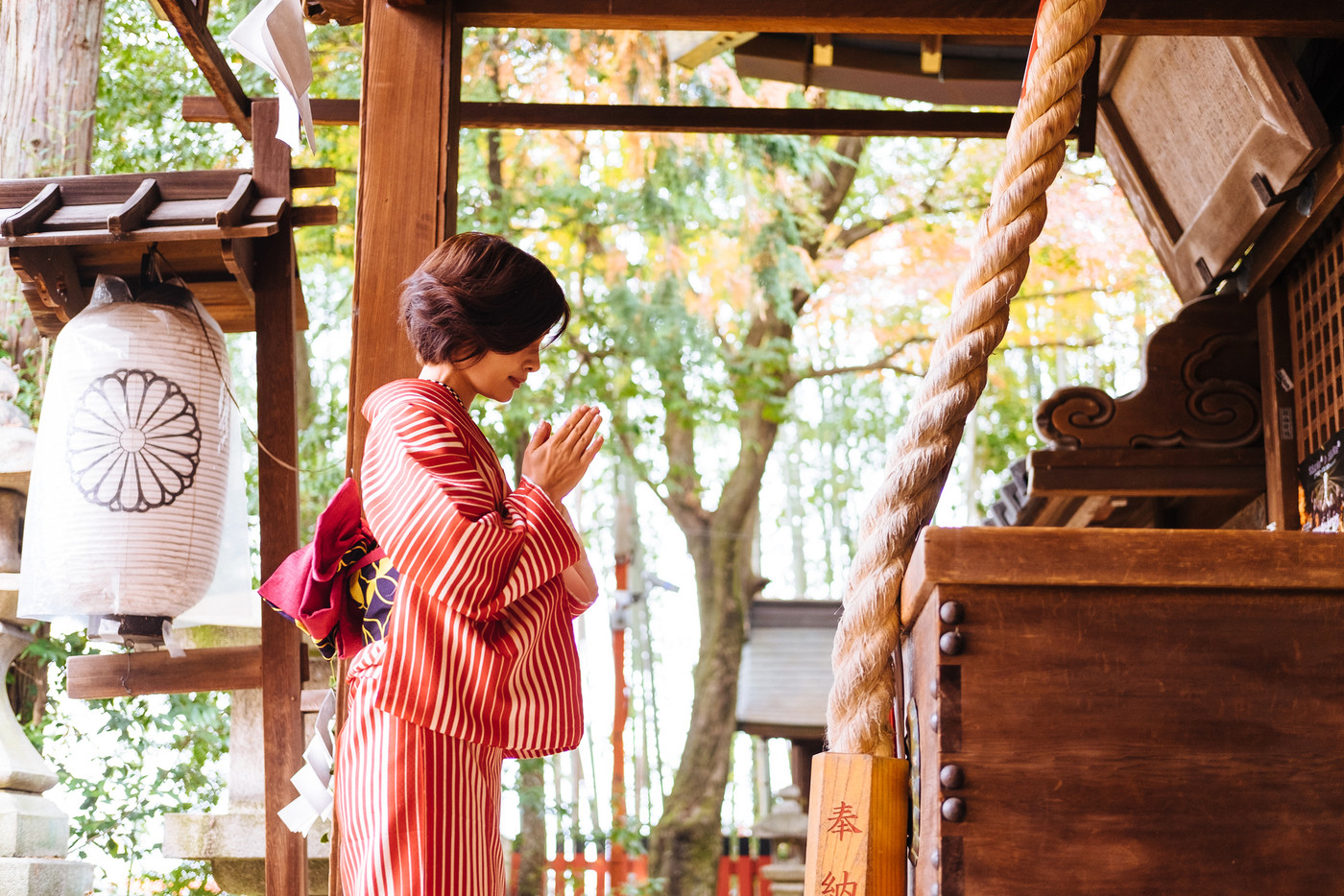 神社にお参りをする女性
