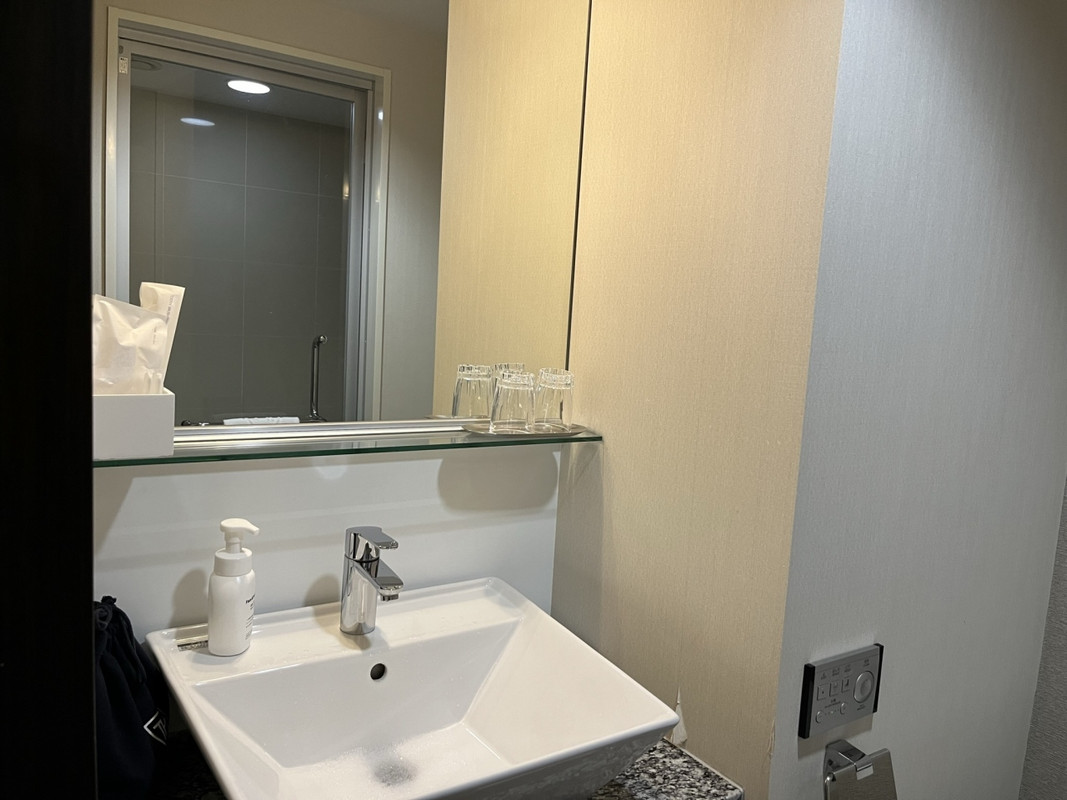 洗面台も機能的。化粧水類はついていません。手洗いソープだけ