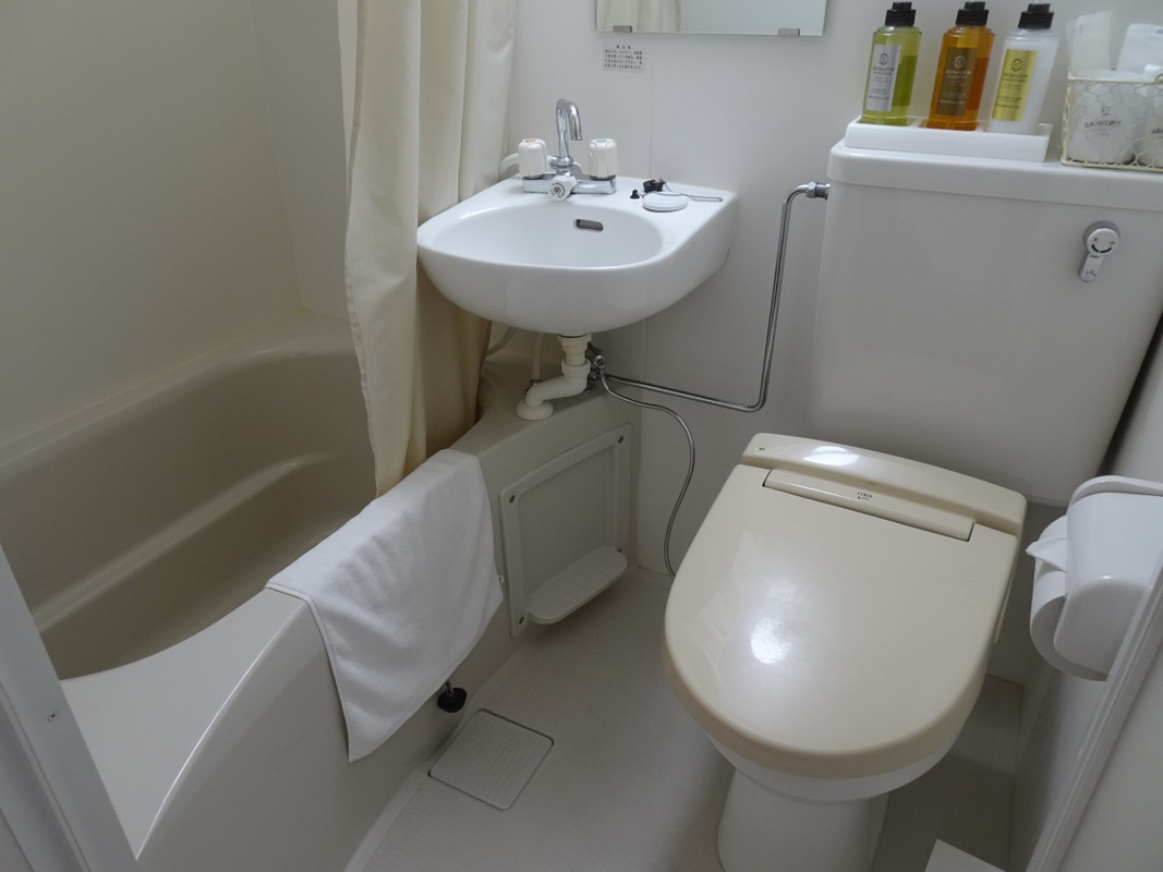 シャンプー類がトイレタンク上にある等少し狭い