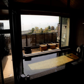 庭で遊ぶワンちゃんを眺めながら露天風呂を楽しめる3982539