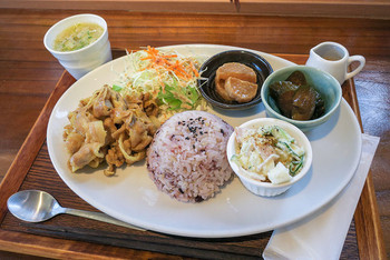 「Cafe innふくゐ」 料理 93492392 「ふくゐプレート」（880円）。メイン、小鉢３品、サラダ、雑穀米、スープ、プチデザートという内容。