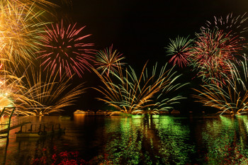 Fireworks over a lake in Hokkaido