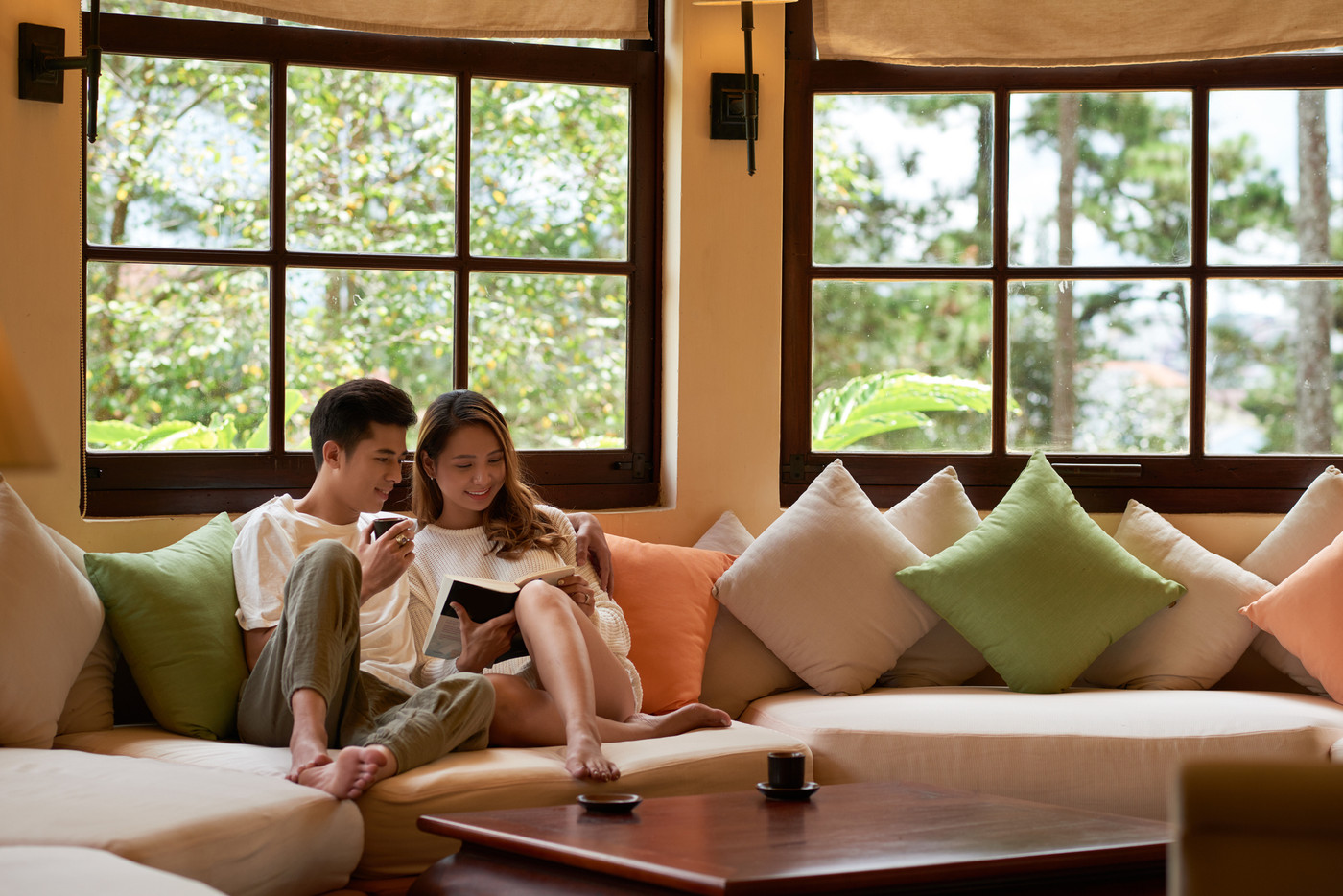 Relaxing in hotel living room