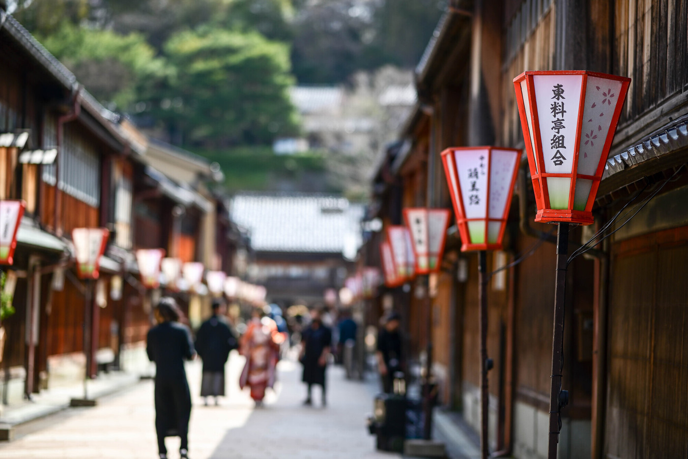 春のひがし茶屋街を散策する観光客