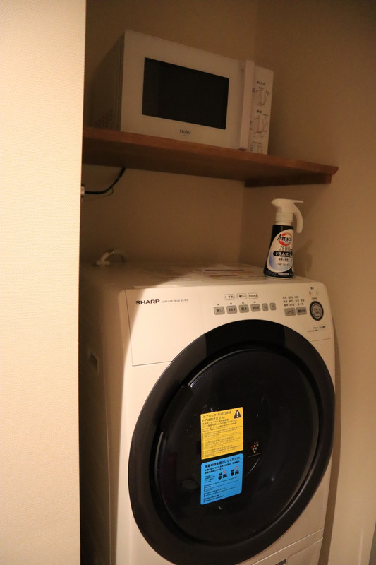 電子レンジとドラム式洗濯機。洗剤はあります。