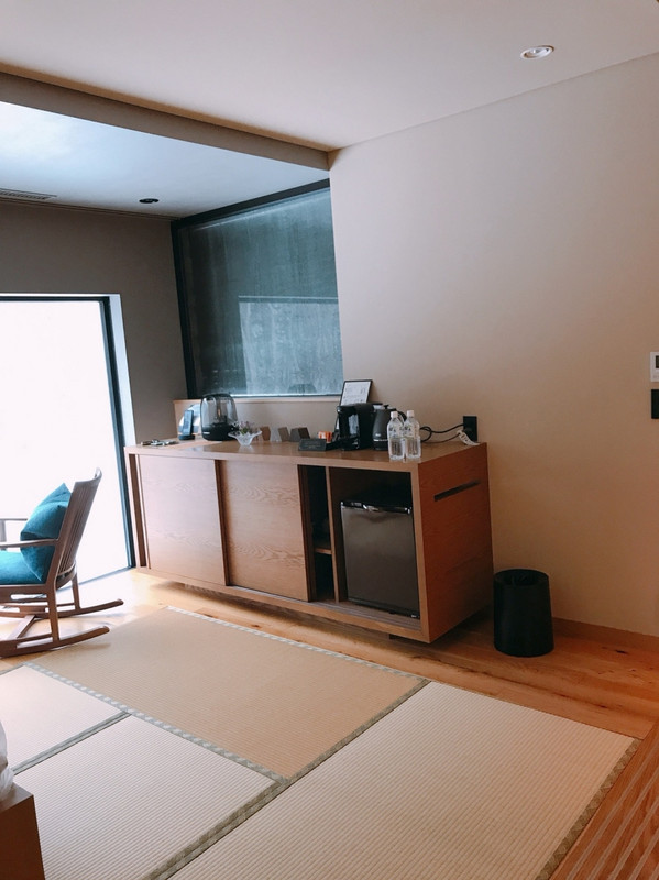 生け花が飾られ冷蔵庫の飲み物は無料、テレビが収納されている