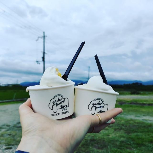 有名ジェラート店「ベルデ テネロ」には車を停めて食べられるスペースあり。 / 2