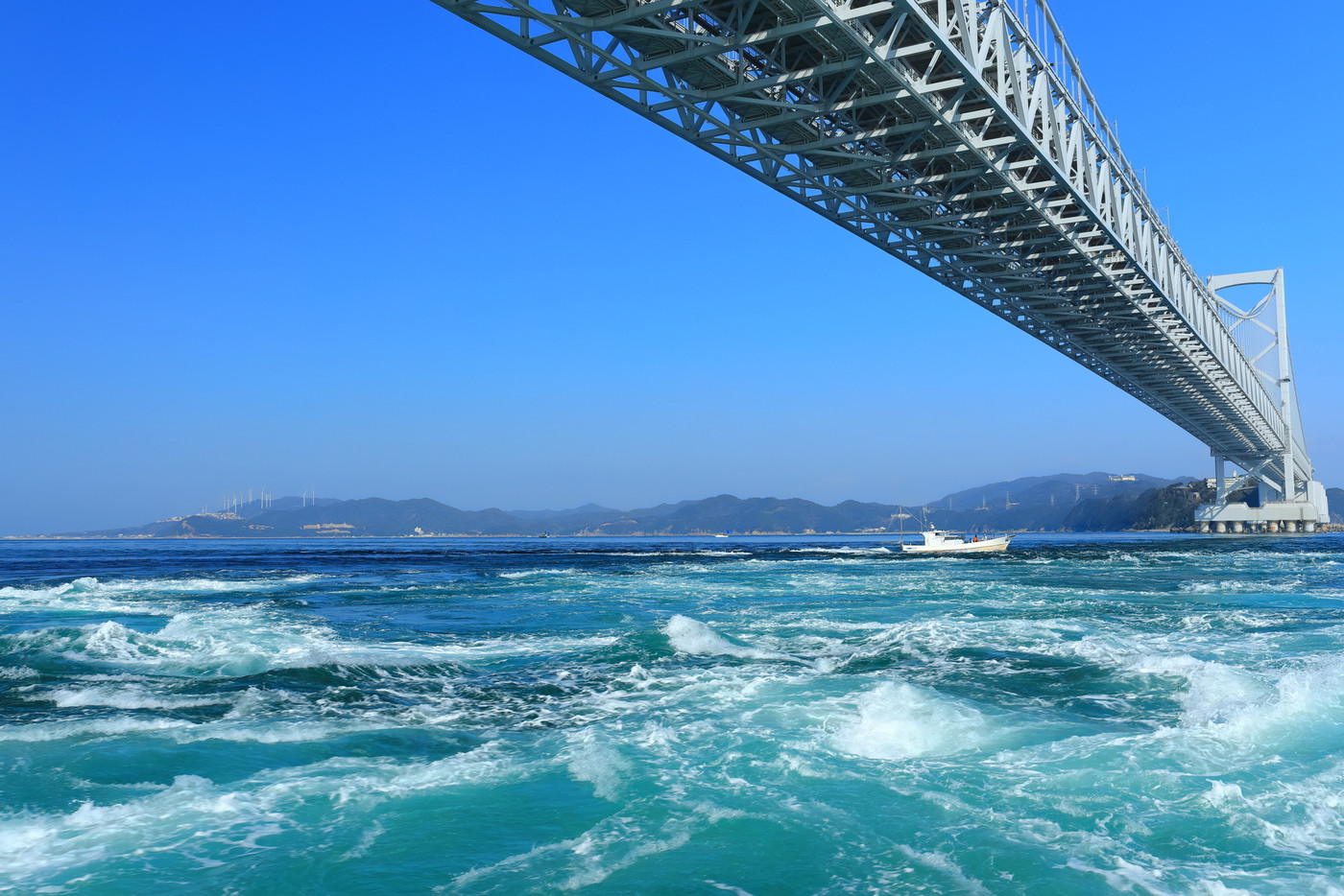 快晴下の大鳴門橋と渦潮