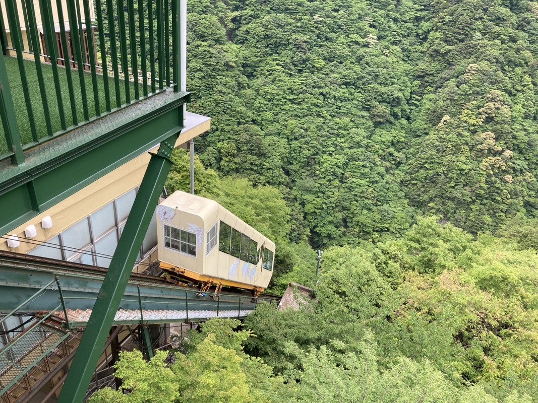 遥か下の谷底へ下る 20人乗りのケーブルカー