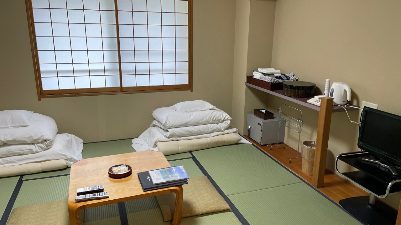 八畳一間のTATAMI部屋。テレビも小さめです。