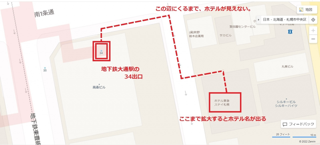 グーグルマップをここまで拡大するとホテル名が出る。