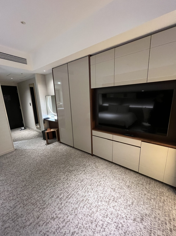 テレビの下は引き出しや冷蔵庫、横はクローゼット