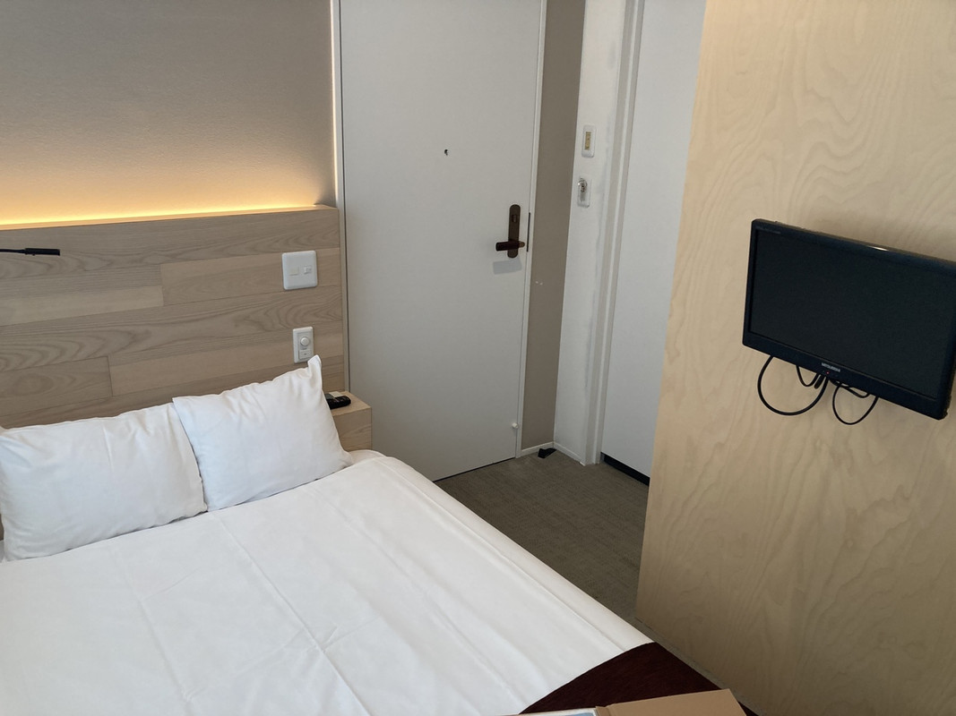 ベッドの横にドア。ブラインドでは昼間は明るすぎる。