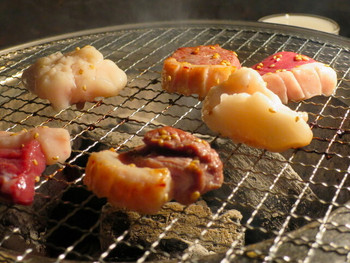 「ホルモン 銀牙」料理 1026104 炭火七輪で調理中

