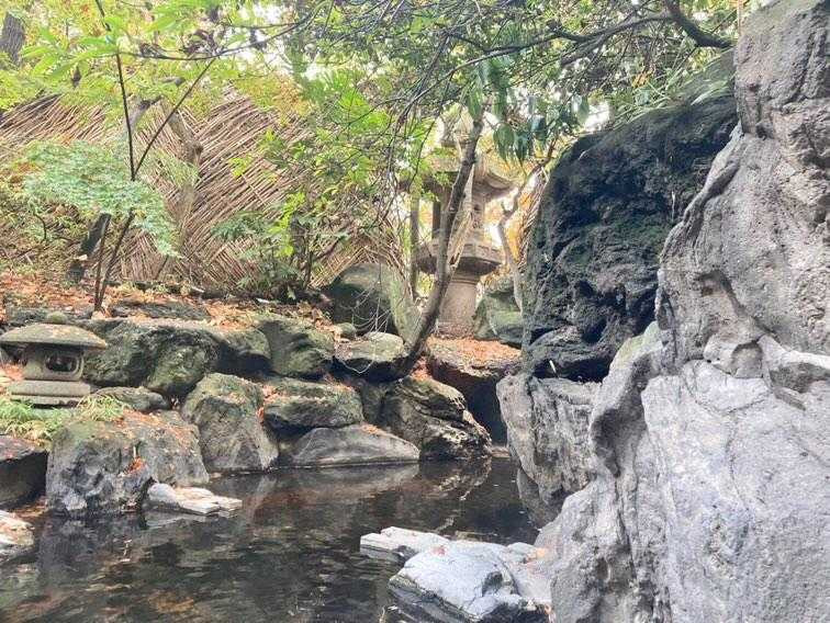 小雨が降ったら置いてある竹笠を被ります。お湯の中には葉っぱが沈んでいたりしますが、自然の中で静かに温泉に入るこの"不自然ではない"感覚を、しっぽりひっそりと楽しみました…。 / 3